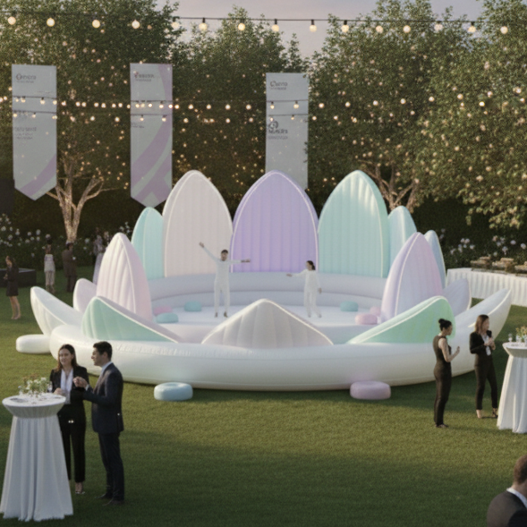 Helles, aufblasbare Boho-Hüpfburg mit gepolsterten Wänden und dekorativen Pflanzen.