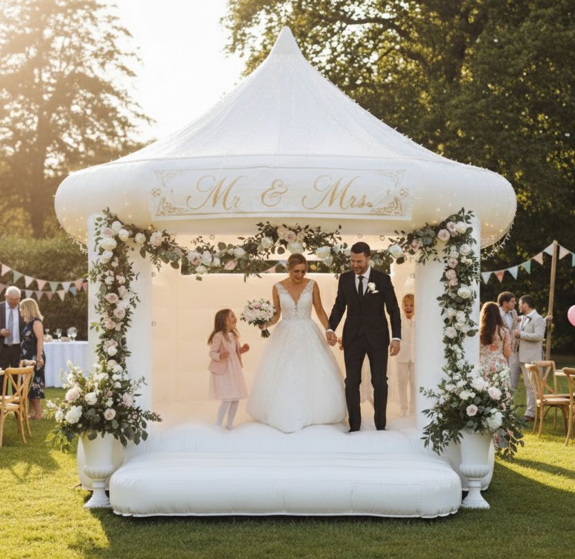 Weiße Hochzeitshüpfburg mit spitzen Türmen und Blumenarrangements im Garten.