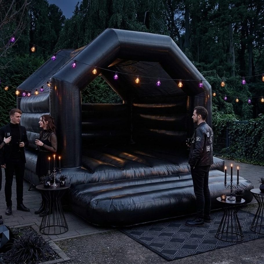 Schwarzes Hüpfhaus mit offener Vorderseite und Sicherheitswarnung.